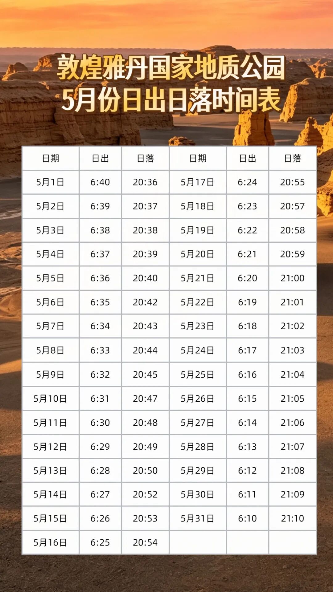敦煌雅丹国家地质公园5月份日出日落时间表